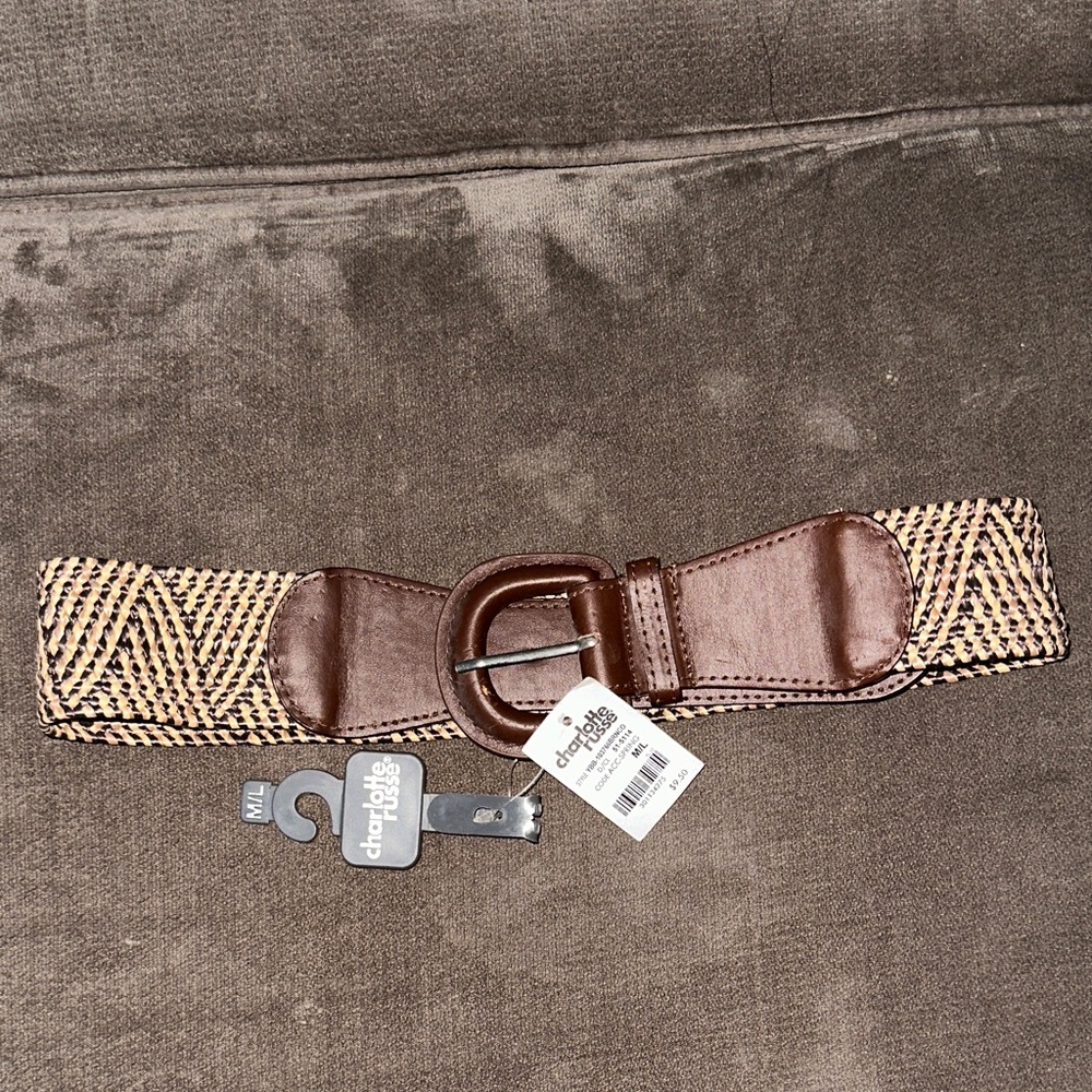 NWT Charlotte Russe Vintage Stretch Woven Brown Leather-Trim Belt - Women